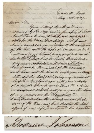 Lot #14 Andrew Johnson Autograph Letter Signed on His Campaign for Congress and a Potential Vice Presidency: 