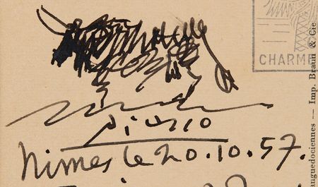 Lot #572 Pablo Picasso Signed Sketch on Postcard to Man Ray - 