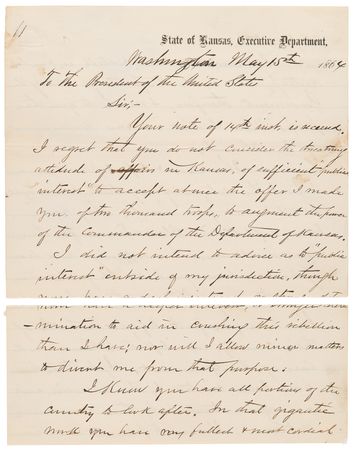 Lot #156 [Abraham Lincoln]: Thomas Carney Civil War-Dated Autograph Letter Signed as Governor, Requesting Federal Assistance for Kansans: 