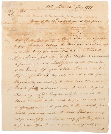 Lot #1 George Washington Revolutionary War-Dated Letter Signed to Lord Stirling, Preparing His Defense of Philadelphia and a Raid on Staten Island (1777): 