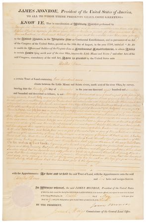 Lot #160 James Monroe Document Signed as President - Land Grant for Continental Army Service - Image 1