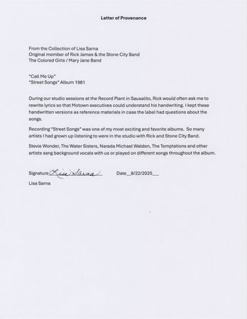 Lot #673 Rick James Original Handwritten Song Lyrics for 'Call Me Up' - Image 3