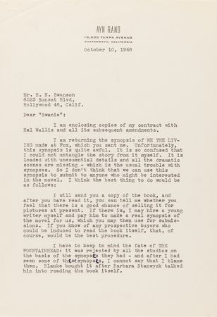 Lot #620 Ayn Rand Typed Letter Signed on the Film Adaptation of The Fountainhead: 