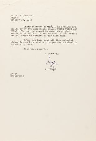 Lot #620 Ayn Rand Typed Letter Signed on the Film Adaptation of The Fountainhead: 