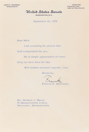 Lot #39 John F. Kennedy Signed Photograph as a Massachusetts Senator - Presented to the President of the Worcester Brewing Company - Image 3