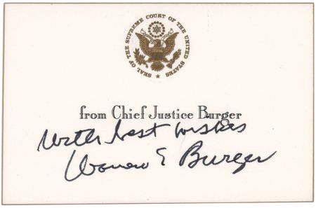 Lot #319 Warren Burger Signed Supreme Court Card