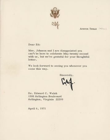 Lot #51 Lyndon B. Johnson (13) Typed Letters Signed to the Executive Secretary of the National Aeronautics and Space Council: 