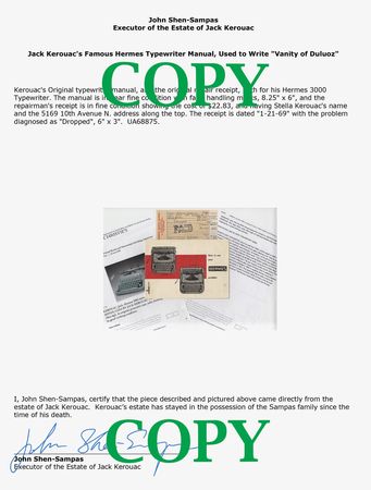 Lot #633 Jack Kerouac's Personally-Owned Hermes Typewriter Manual and Repair Slip - Image 2
