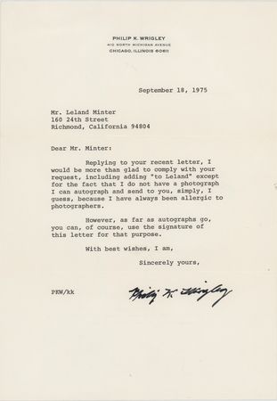 Lot #435 Philip K. Wrigley Typed Letter Signed: I