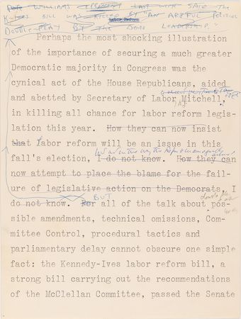 Lot #36 John F. Kennedy (9) Hand-Corrected Speech Pages on Labor Reform and Democratic Ideals: 