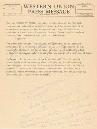 Lot #34 John F. Kennedy Handwritten Statement as President-Elect (January 4, 1961) - Early Basis for His Inaugural Address - Image 1