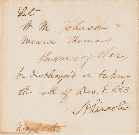 Lot #12 Abraham Lincoln Civil War-Dated Autograph Endorsement as President, Approving the Parole of Two Confederate 