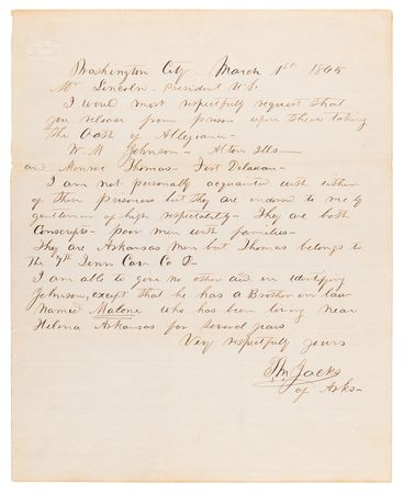 Lot #12 Abraham Lincoln Civil War-Dated Autograph Endorsement as President, Approving the Parole of Two Confederate 