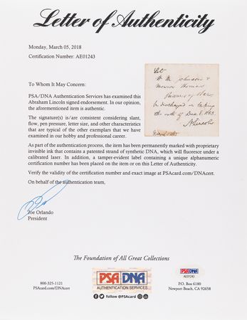 Lot #12 Abraham Lincoln Civil War-Dated Autograph Endorsement as President, Approving the Parole of Two Confederate 