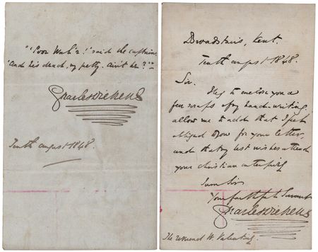 Lot #612. Charles Dickens (2) Signed Items - Autograph Letter and Handwritten Quote from Dombey and Son