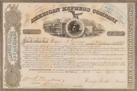 Lot #434 Henry Wells and William Fargo Signed American Express Company Stock Certificate (1863) - Image 2