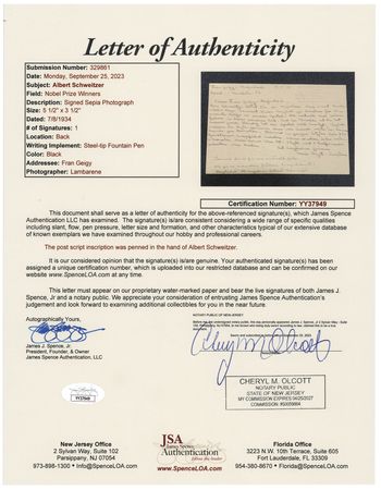 Lot #417 Albert Schweitzer Autograph Note Signed - Image 2