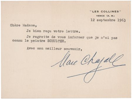 Lot #582 Marc Chagall Typed Note Signed