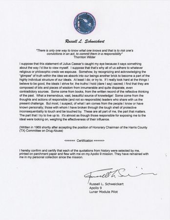 Lot #530 Apollo 9 Flown Printed Quote Signed and Flight-Certified by Rusty Schweickart - Image 2