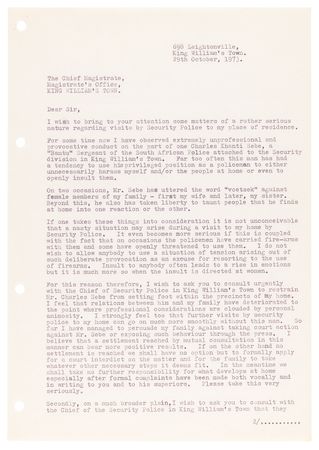 Lot #258 Steve Biko Typed Letter Signed on Police Harassment: 