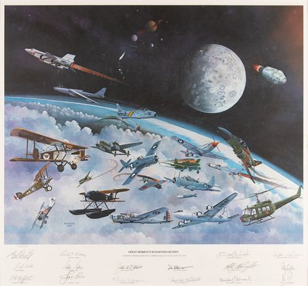 Lot #493 Great Moments in Aviation History Multi-Signed (15) Print with Armstrong, Doolittle, Yeager, Tibbetts, and More (Ltd. Ed. #807/1100) - 24.5? x 23? - Image 2