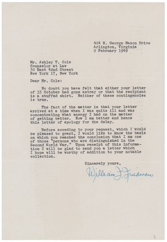 Lot 2012 William Friedman Typed Letter Signed
