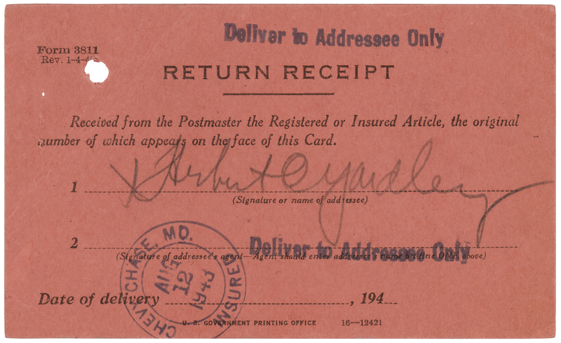 Lot 2010 Herbert Yardley Signed Return Receipt