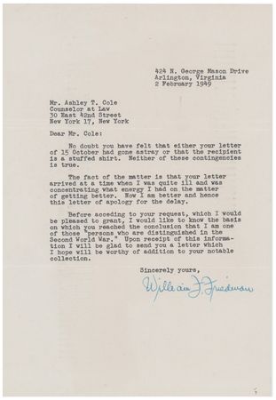 Lot #2012 William Friedman Typed Letter Signed