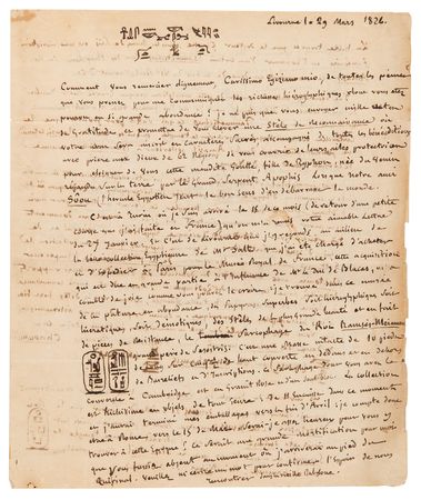 Lot #2003 Jean-François Champollion Amazing Autograph Letter Signed with Hieroglyphic Illustrations: 