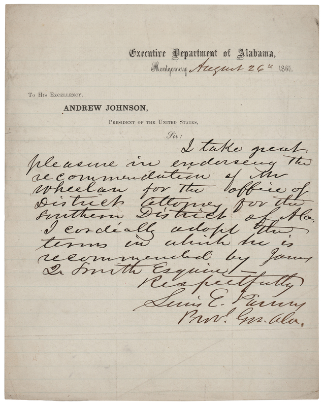 Lot 345 Lewis E. Parsons Autograph Letter Signed to President Andrew Johnson
