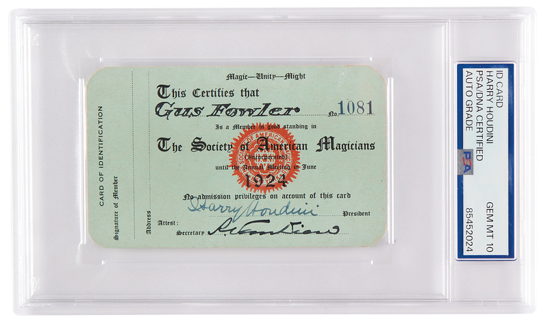 Lot 545 Harry Houdini Signed 1924 Society of American Magicians Membership Card, Issued to 'The Watch King' - PSA GEM MT 10
