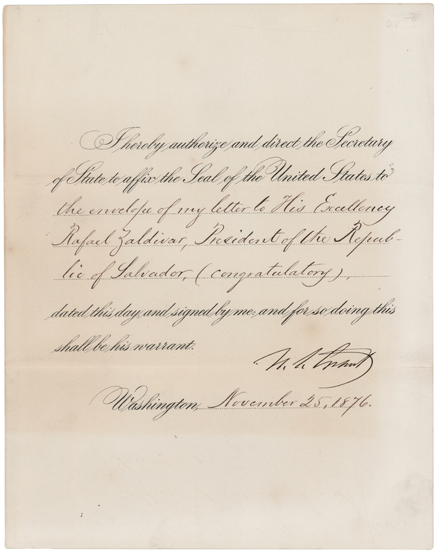 Lot 7 U. S. Grant Document Signed as President, Congratulating the New President of El Salvador