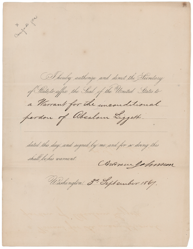 Lot 39 Andrew Johnson Document Signed as President, Pardoning a Counterfeiter