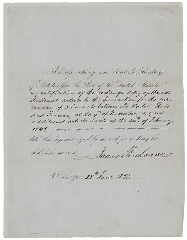 Lot 20 James Buchanan Document Signed as President - Ratifying an Amended Extradition Document with France