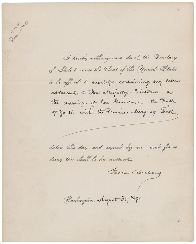 Lot 27 President Grover Cleveland Congratulates Queen Victoria on the Historic Marriage of King George V and Queen Mary of Teck