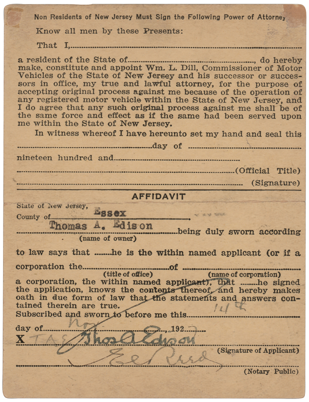 Lot 211 Thomas Edison Document Signed - Electric Vehicle Registration (1914) for His Detroit Electric Model 47 Brougham?an early example of an electric car, powered by Edison nickel-iron batteries