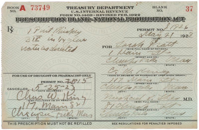 Lot 354 Prohibition: 1923 Liquor Prescription for Whiskey