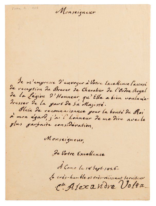 Lot 227 Alessandro Volta Rare Autograph Letter Signed, Accepting a Diploma for the French Legion of Honour