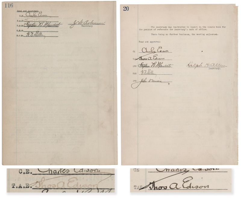 Lot 210 Thomas Edison (2) Documents Signed - Meeting Minutes for Thomas A. Edison, Inc. and the Edison Manufacturing Company