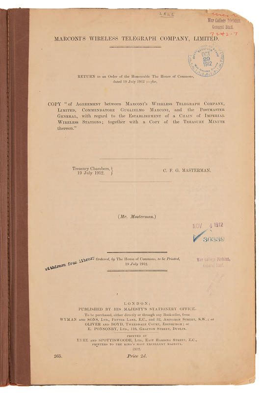 Lot 217 Guglielmo Marconi: Official Act for Establishing a Chain of Imperial Wireless Stations (1912)