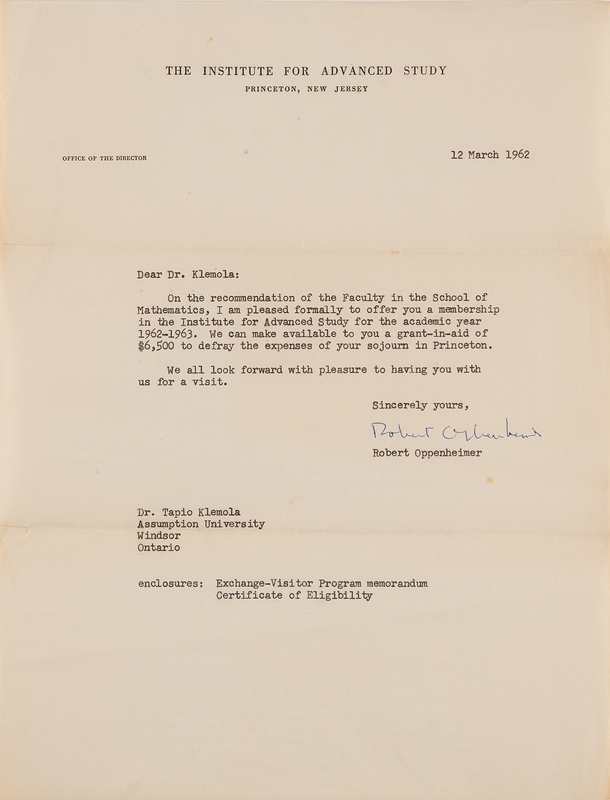 Lot 220 Robert Oppenheimer Typed Letter Signed: 