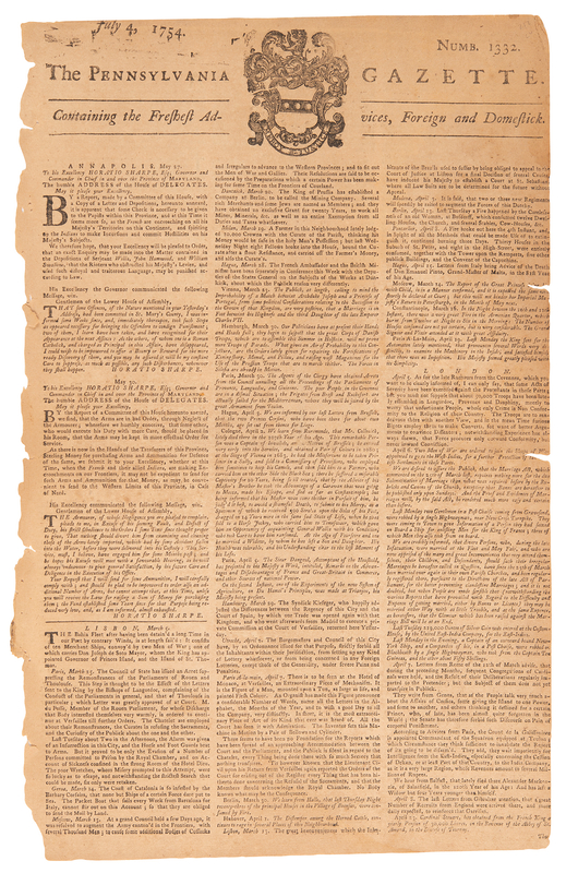 Lot 375 George Washington: Benjamin Franklin's The Pennsylvania Gazette from July 4, 1754