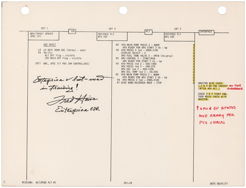 Lot 461 Fred Haise Signed Space Shuttle Enterprise ALT Checklist Page