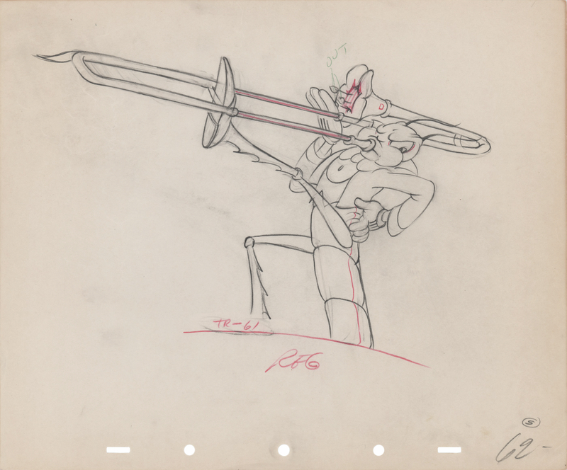 Lot 814 Cricket trombonist production drawing from Woodland Cafe