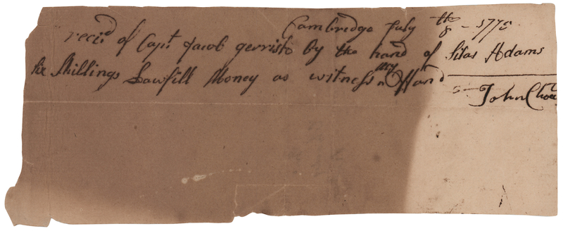 Lot 398 Lexington Alarm Minutemen: Jacob Gerrish and Silas Adams Receipt Document (July 8, 1775) - Dated to the Olive Branch Petition