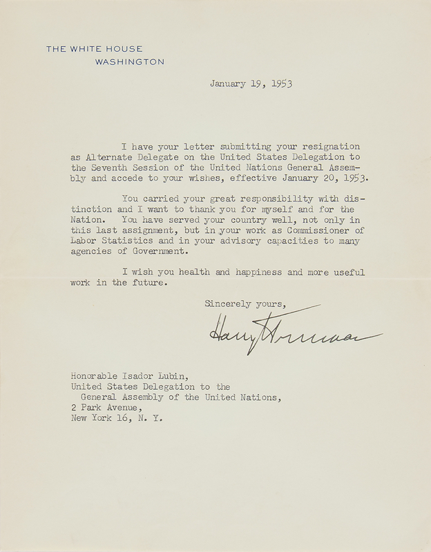 Lot 57 Harry S. Truman Typed Letter Signed as President, Accepting the Resignation of an Alternate Delegate to the United Nations General Assembly