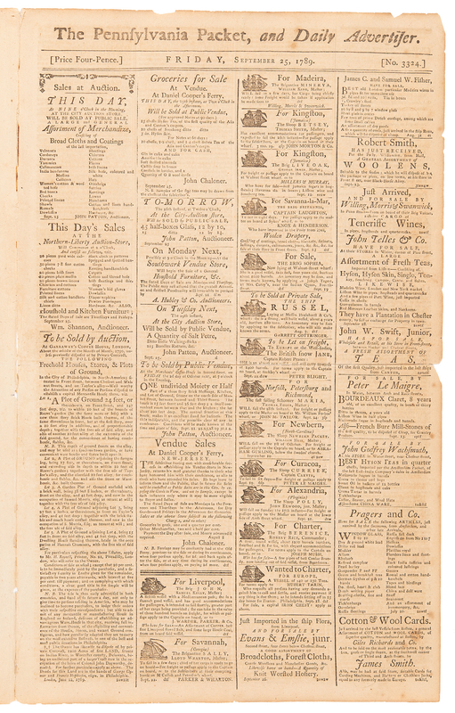 Lot 278 1st United States Congress: The Pennsylvania Packet from September 25, 1789