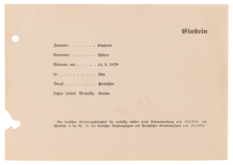 Lot 159 Albert Einstein Nazi Germany Denaturalization Document: 
