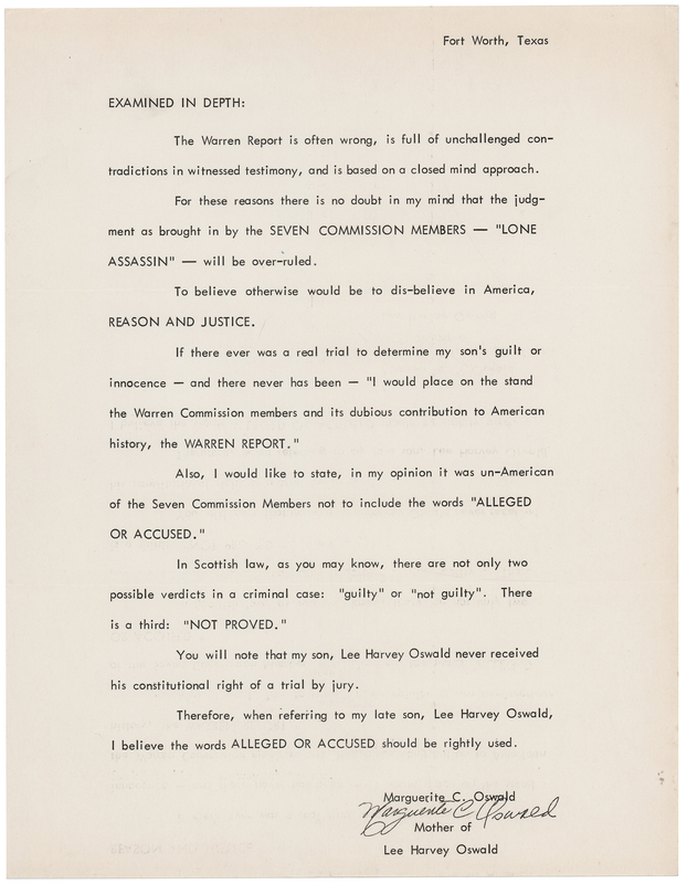 Lot 344 Marguerite Oswald Form Letter on the Warren Commission and JFK's Assassination