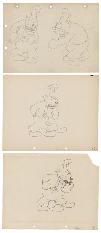 Lot 708 Peg Leg Pete production drawings (2) and character model drawing from Steamboat Willie
